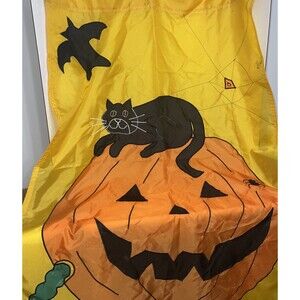 Vintage Halloween Fall Flag Banner Pumpkin Worm Black Cat Bat Spider 37x54 Mm58